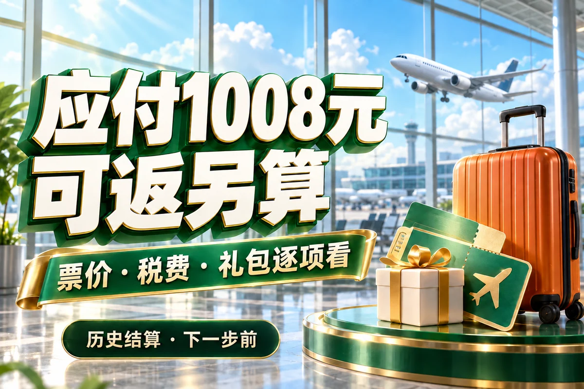 机场飞机、行李箱与礼包，应付1008元可返另算，标注历史结算下一步前