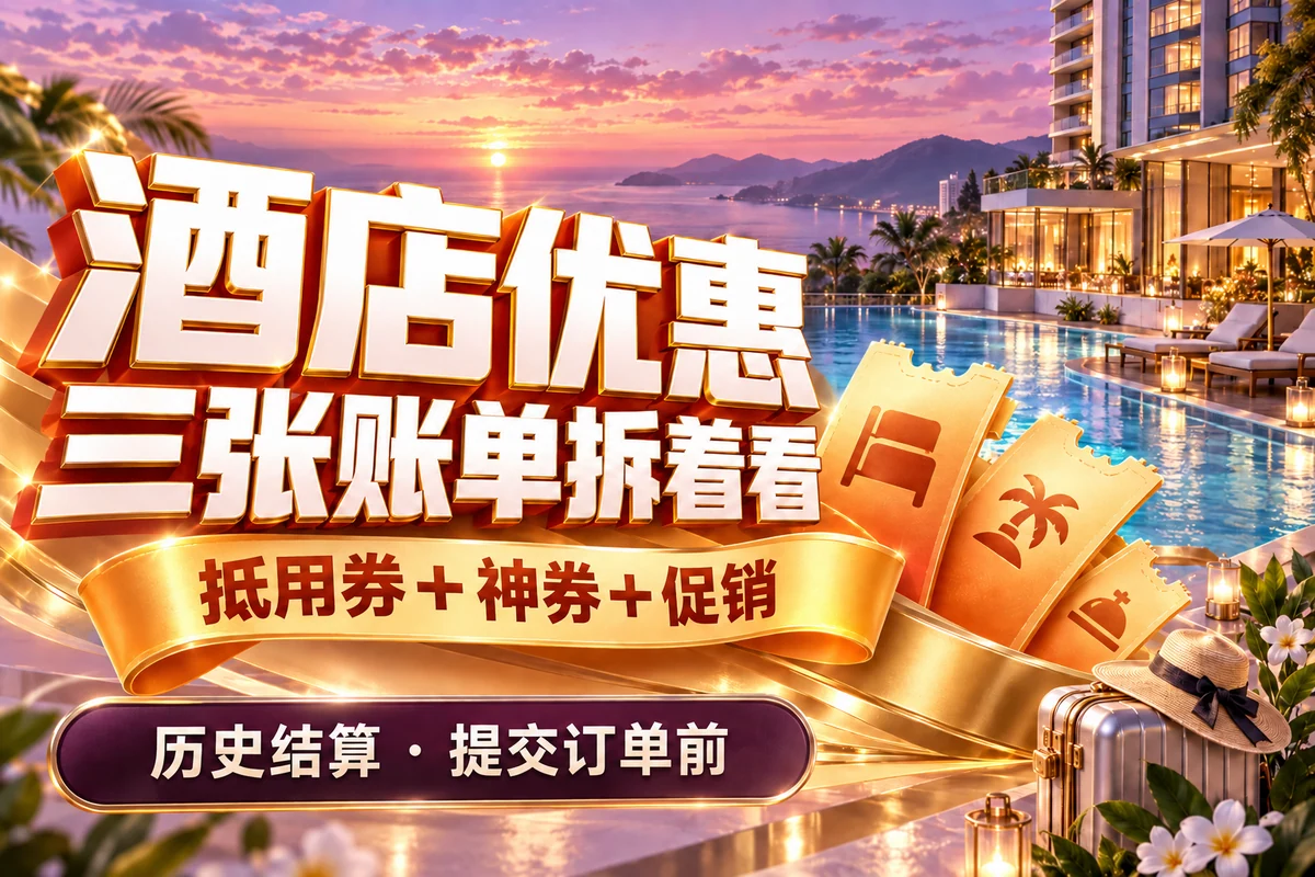 粉紫夕阳酒店与三张金券，酒店优惠三张账单拆着看，标注提交订单前