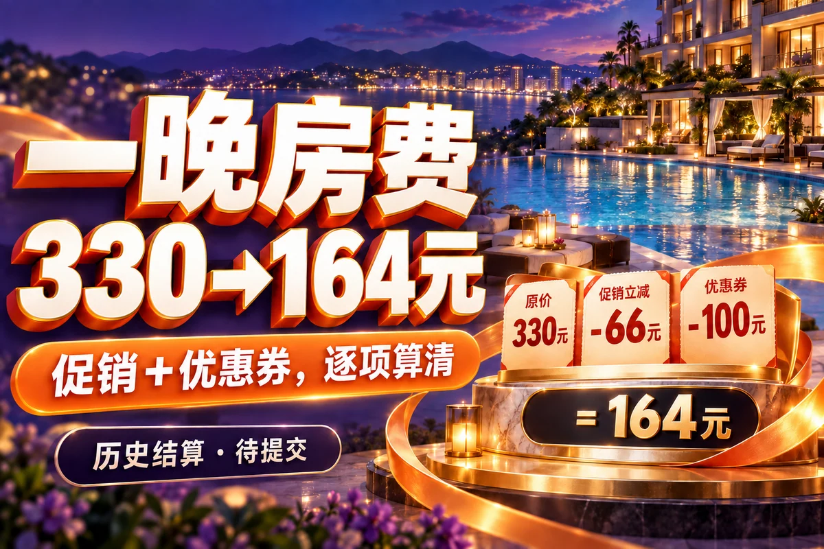 紫蓝酒店夜景与费用票券，一晚房费330到164元，标注历史结算待提交