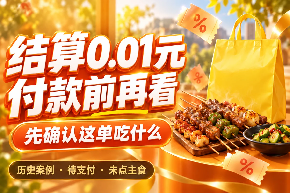 黄色外卖袋与小食，结算0.01元，提醒付款前确认餐品并标注待支付和未点主食