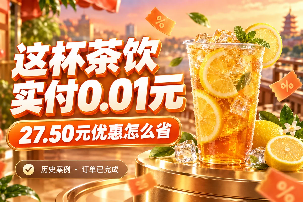 橙金色茶饮场景，醒目实付0.01元与27.50元优惠说明，标注历史订单已完成