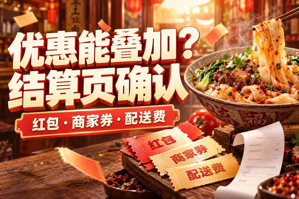 优惠能叠加？，结算页确认；红包·商家券·配送费，文章主题封面