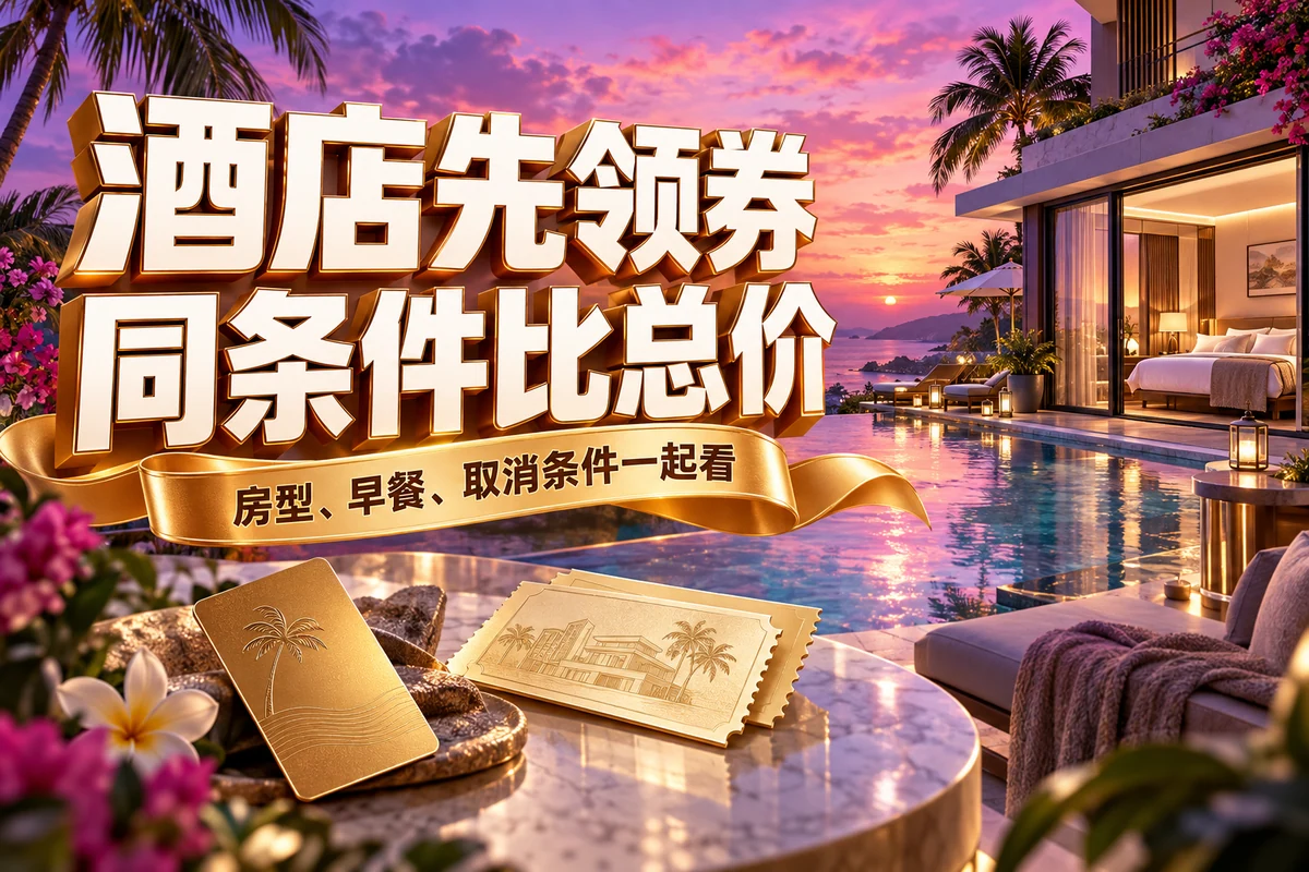 酒店先领券，同条件比总价；房型、早餐、取消条件一起看，文章主题封面