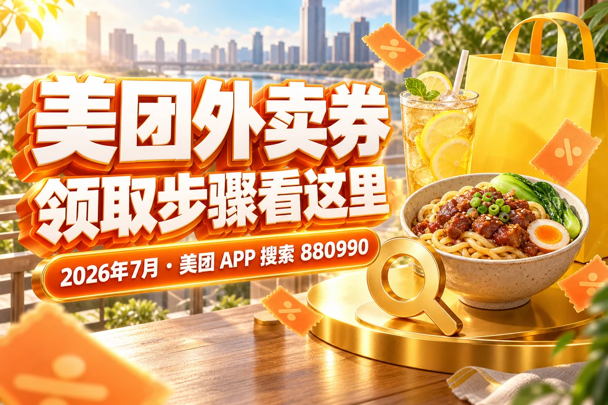 美团外卖券，领取步骤看这里；2026年7月 · 美团 APP 搜索 880990，文章主题封面