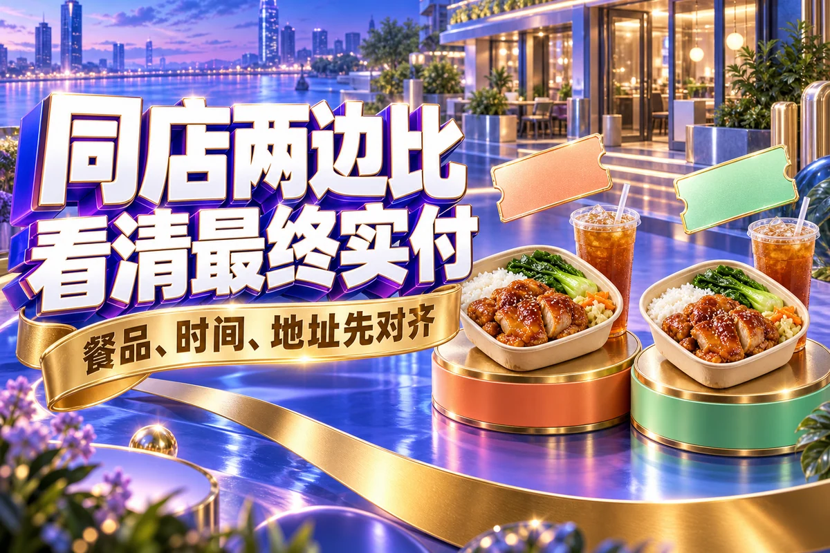 同店两边比，看清最终实付；餐品、时间、地址先对齐，文章主题封面