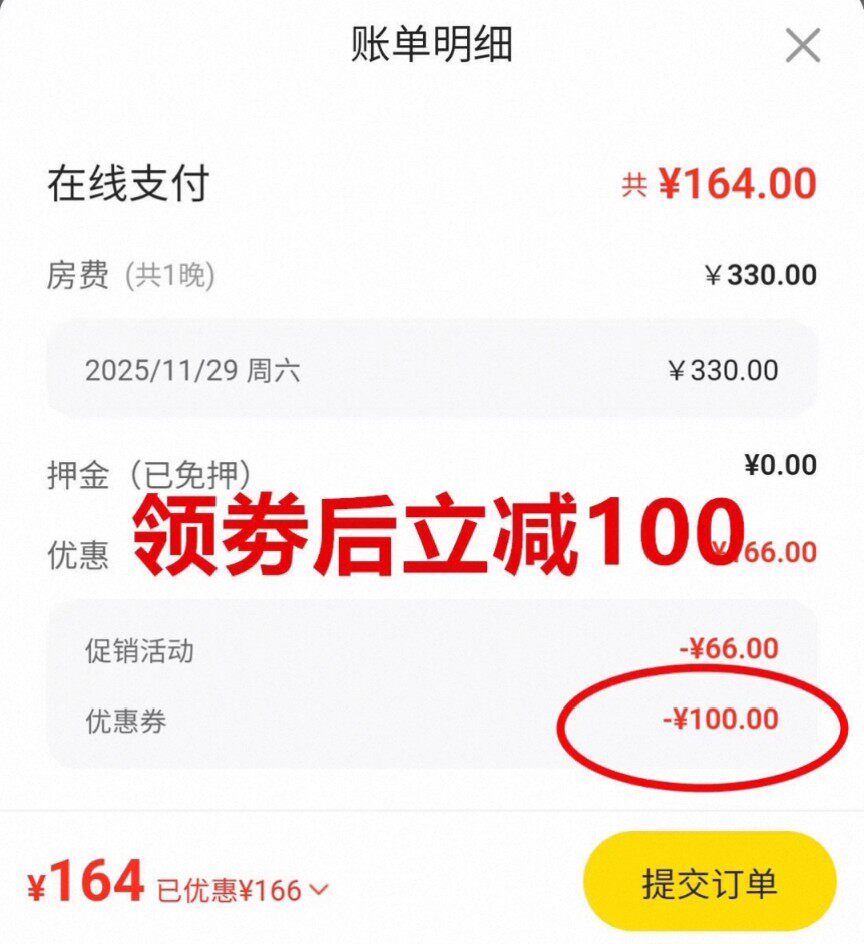 2025年11月29日一晚酒店费用明细，330元房费经两项优惠成为提交订单前164元