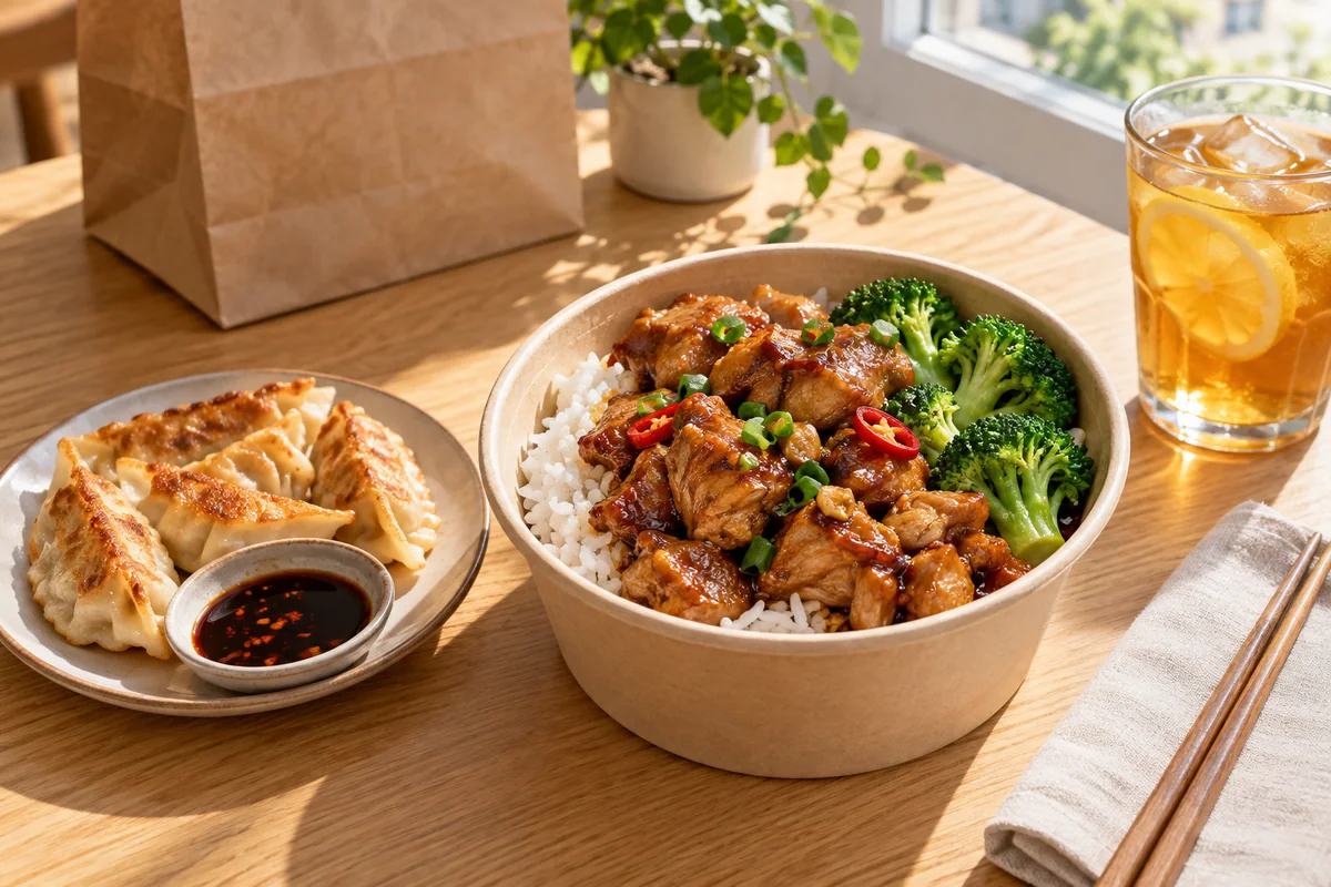 阳光下的外卖鸡肉饭、煎饺与柠檬茶